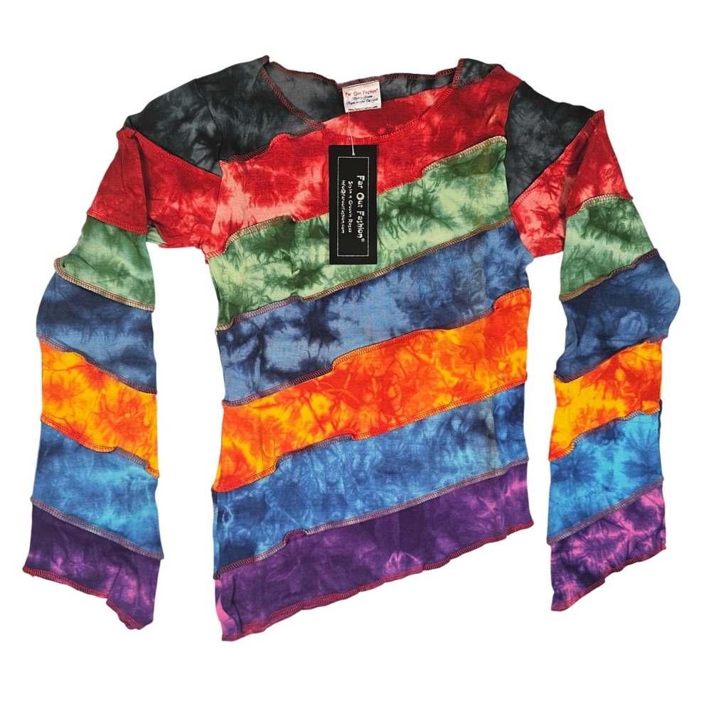Far Out Fashion Rainbow Tie Dye Patchwork Long‎ SleeveTop Nepal Cotton Women's M
